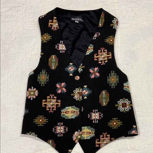 Vintage Nadia Black and Gold Sleeveless Buttoned Top size Medium - Picture 1 of 7